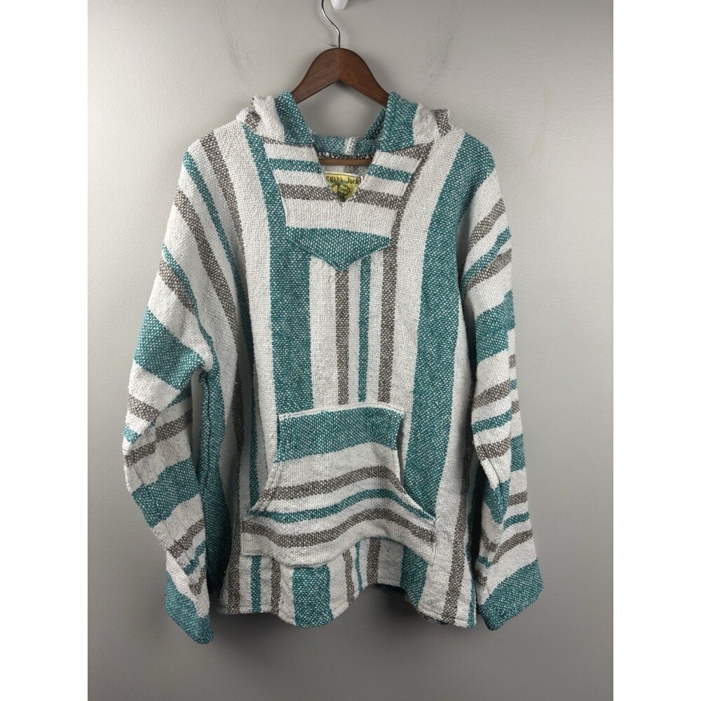 Iguana Jack Baja Hoodie XL Green Jade White Mexican Woven Drug Rug Pullover